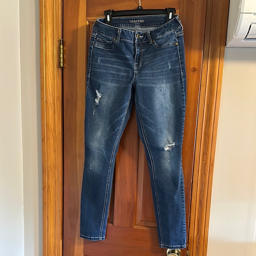 Maurices Blue Skinny Jeans with Distressed Details